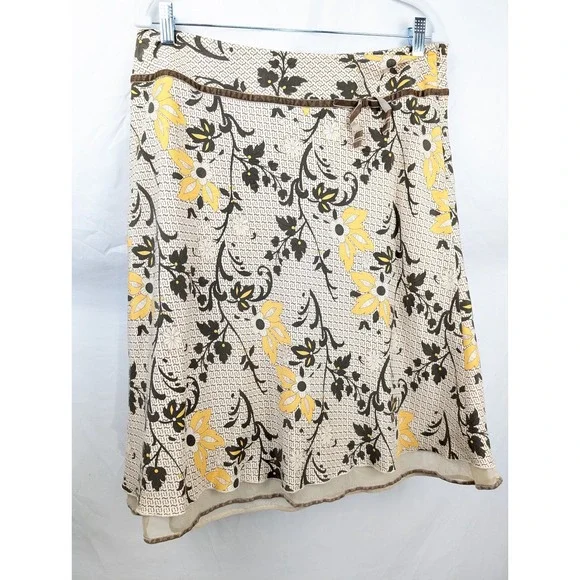 Vintage Floral Boho 100% Silk Midi Skirt Sz 10 Brown Cottagecore Preppy Granola - Picture 2 of 10